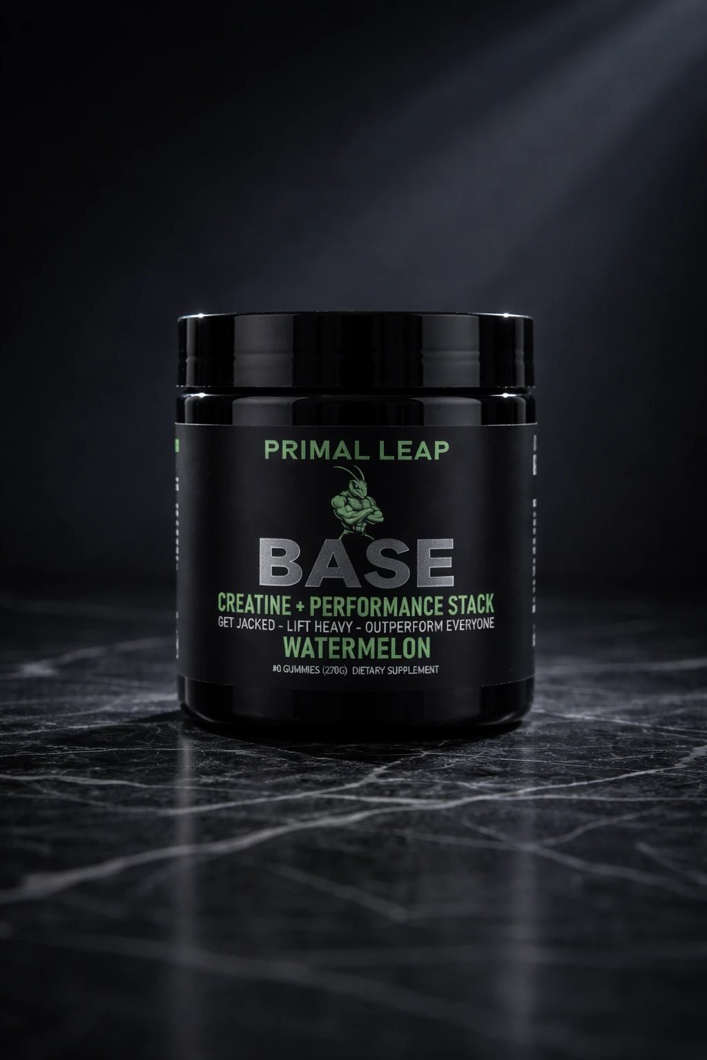 Primal Leap BASE watermelon creatine gummies jar on black marble